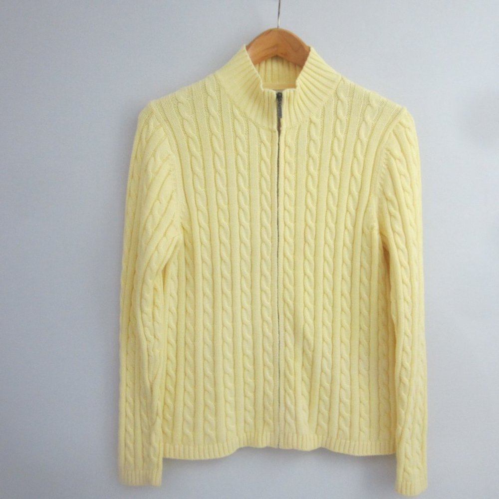 LL Bean Sweater Womens L Yellow Full Zip LS Cotton Cable Knit Sweater Mock Neck